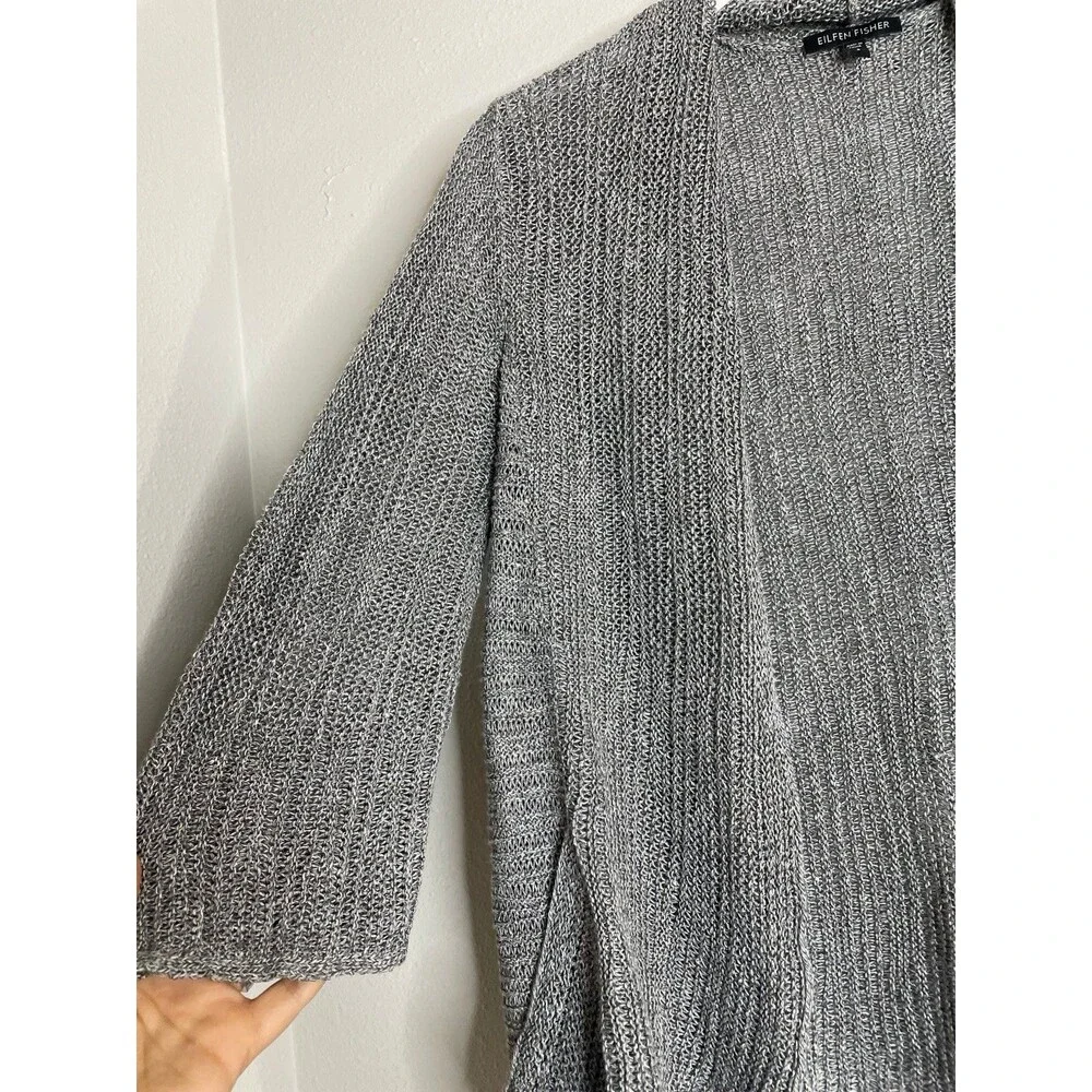 Eileen Fisher Linen Silk Open Knit Cardigan S – Gray Lightweight Drape Sweater